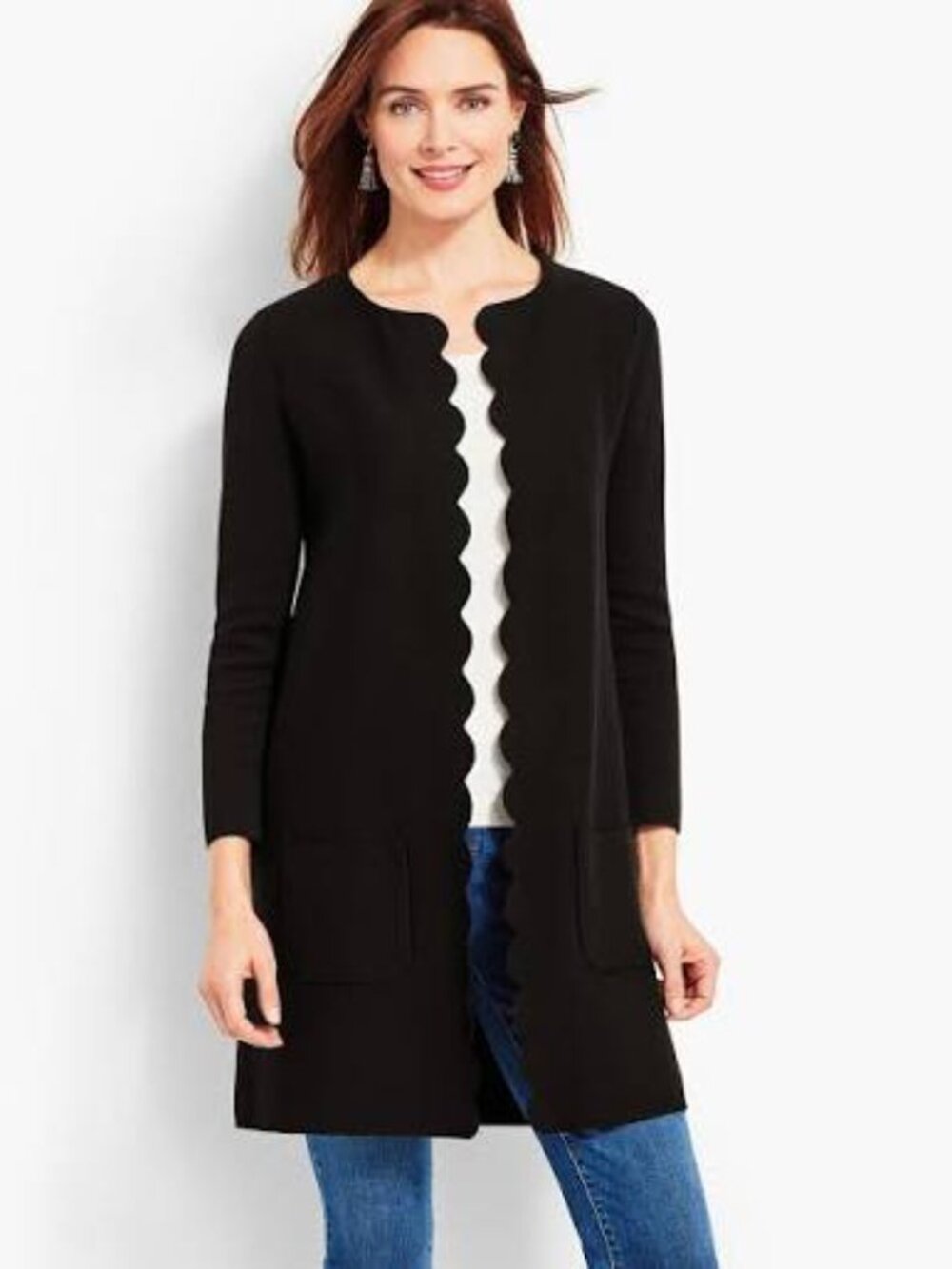 Talbots Black Cardigan Scalloped Edge Open Front with Pockets